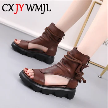 

2020 New Summer Genuine Leather Cool Boots Women Sandals Retro Platform Cowhide Sandal Women's Brown Back Zip Open Toe Flats 40