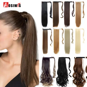 

AOSIWIG Long Straight Velcro Wrap Hair Tail Ponytail for Women Clip on Pony Tail Extension Synthetic Natural Fake Hair Pieces