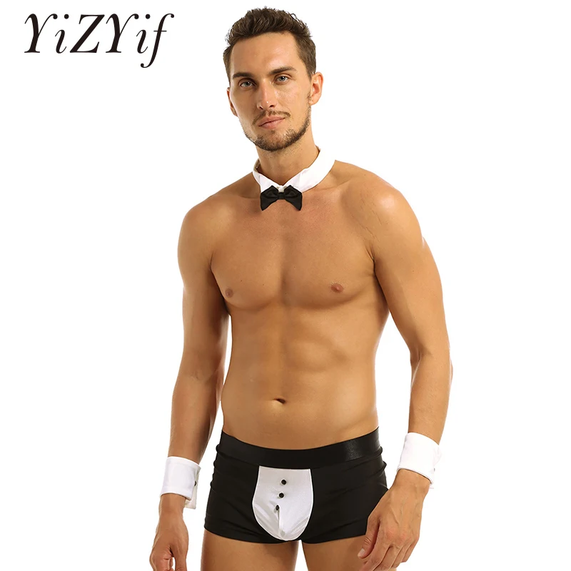 

Mens Waiter Tuxedo Lingerie Suit Boxer Shorts Underwear with Bow Tie Collar Bracelets Sexy Nightclub Party Exotic Costume