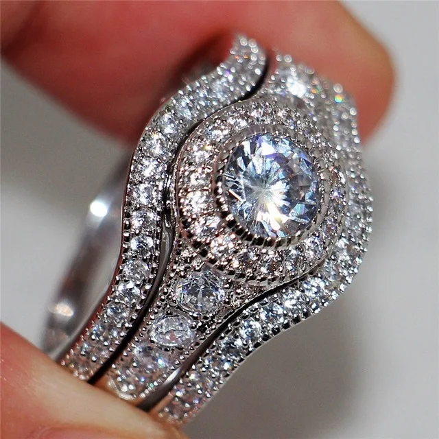 KNOCK 3pcs/Set Luxury Female White Round AAA Zircon Ring Set Fashion Silver Promise Engagement Rings For Women Jewelry