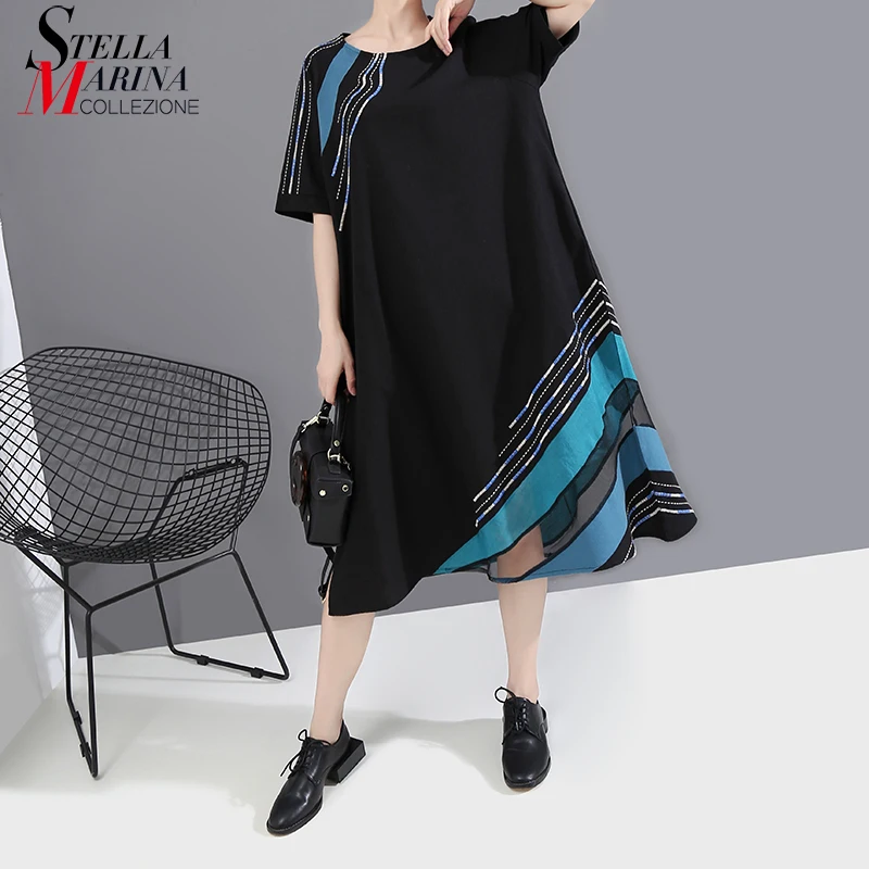 * New 2020 Women Summer Plus Size Black Dress With Pocket Printed Patchwork Mesh Join Ladies Casual Midi Robe Femme 6127 | Женская