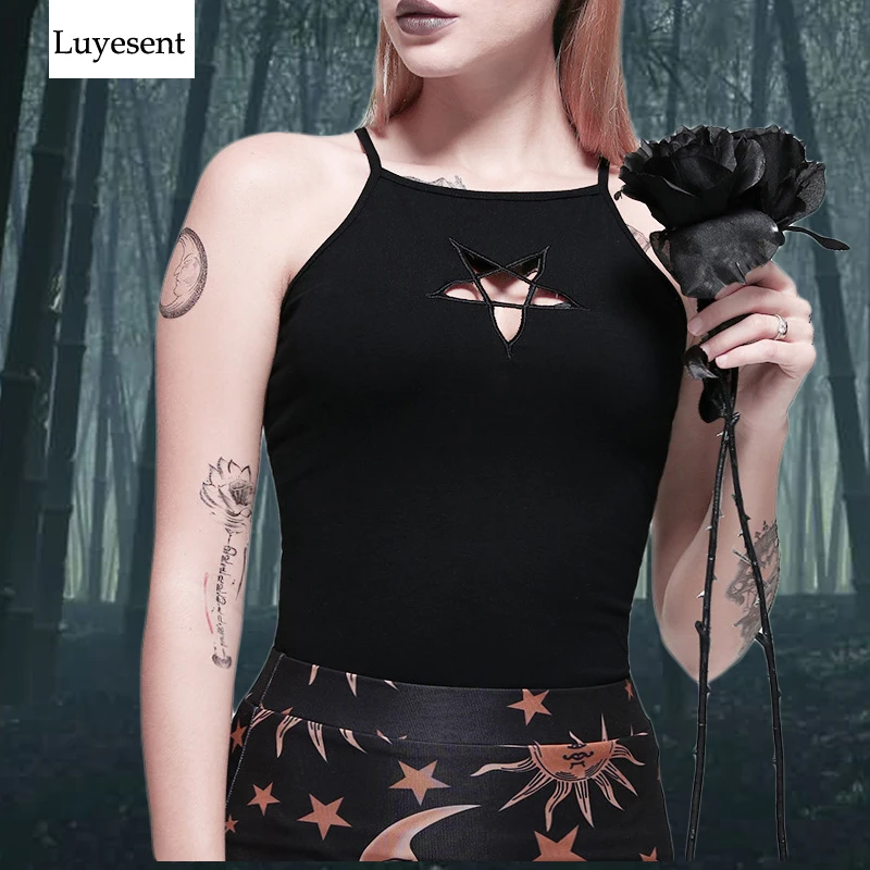 

Black Dark Goth Woman Tight Tops 2020 Lady Hollow Out Pentagram Star Sexy Punk Gothic Camisole Hip-hop O Neck Rock Hipster Camis