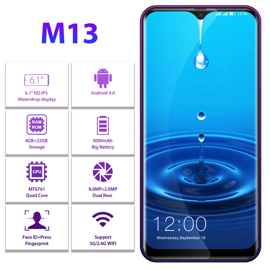 LEAGOO M13 Android 9,0 6," экран капли 4 Гб ОЗУ 32 Гб ПЗУ смартфон MTK6761 четырехъядерный отпечаток пальца лица ID 4G мобильный телефон