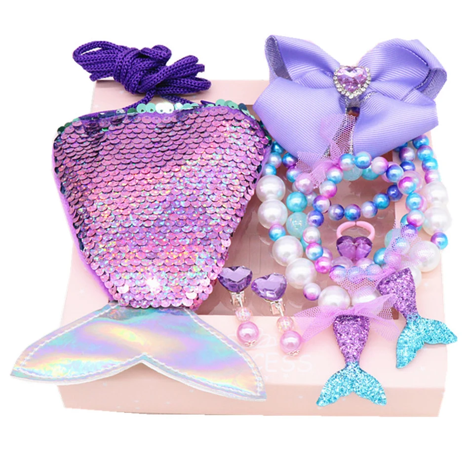 Earring Necklace Bracelet Jewelry-Set Mermaid-Accessories Sequins Girls Princess Purse