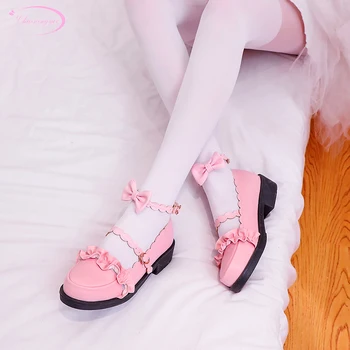 

Sweet style round toe pumps fashion ruffles bowknot belt buckle white pink red low with chunky heels women's shoes big size