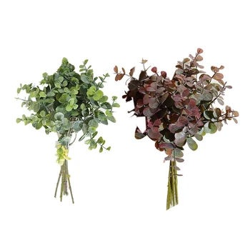 

12 Pcs Eucalyptus Plastic Artificial Leaves Bunch Small Faux Foliage Fake Money Leaf Plant Green & Brown