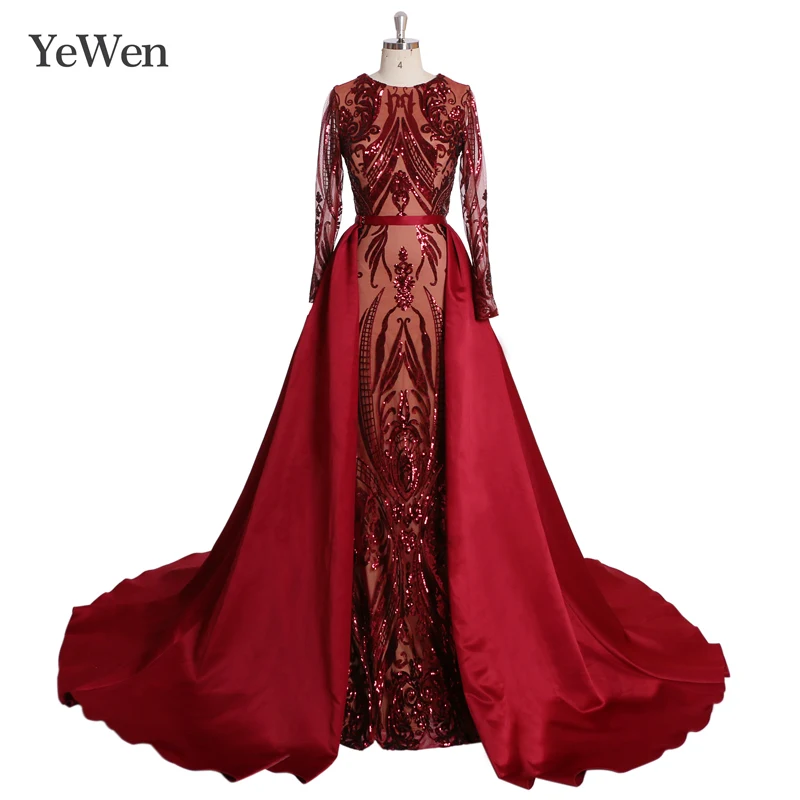 

Burgundy Luxury Mermaid Evening Dress Long Sleeves Prom Dresses Appliques With Train Evening Gowns 2019 vestidos de fiesta
