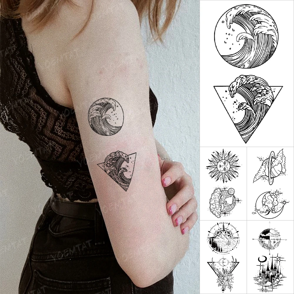 Transfer Waterproof Temporary Tattoo Stickers Black Line Spray Geometric Sun Moon Flash Tattoo Women Men Arm Body Art Fake Tatto women metal hollow out line geometric choker necklace