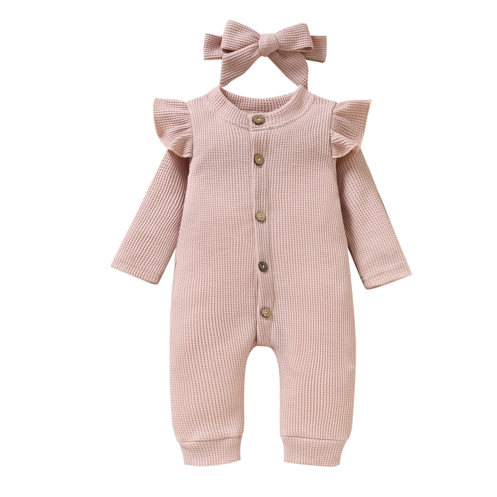Cotton baby suit Infant Baby Girls Jumpsuit with Headband, Long Sleeve Button Closure Jumpsuit with Bowknot Hairband bulk baby bodysuits	 Baby Rompers