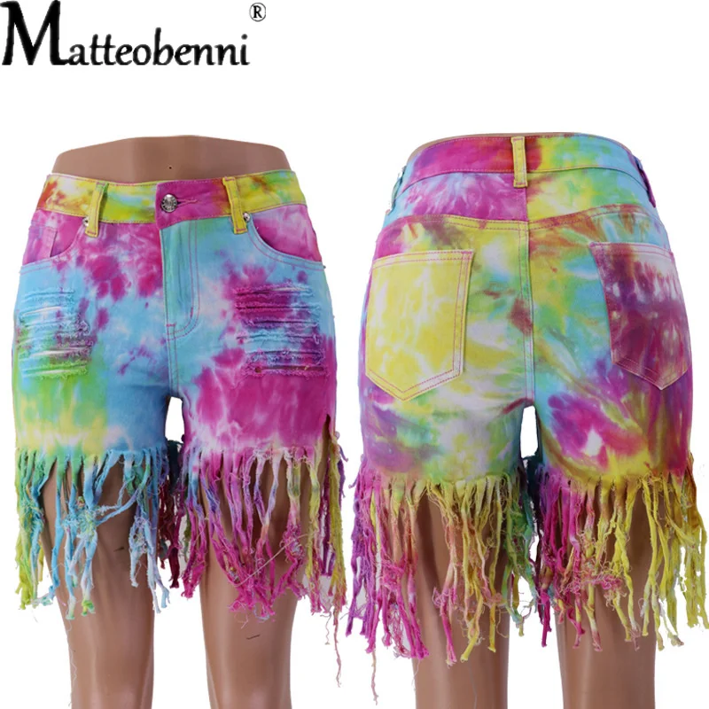 Women Shorts Pants Casual Ripped Tie Dye Print High Waist Shorts Jeans Female Club Party Shorts Denim Outfit Streetwear Trousers