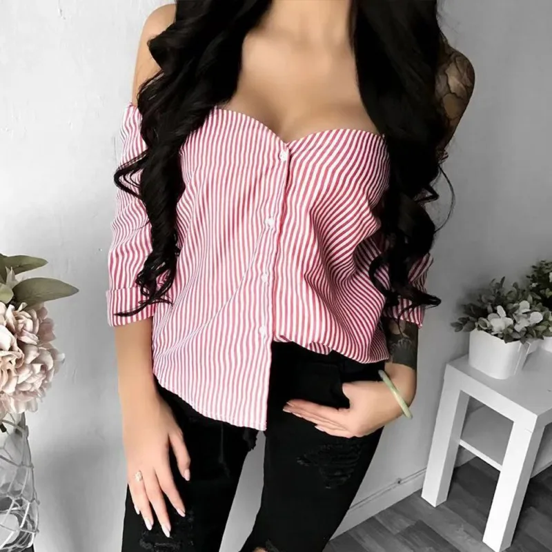 

Sexy Stripe Blouse Shirt Button Slash Neck Women Autumn Three Quarter Sleeve Off Shoulder Blouse Office Ladies Shirts Tops