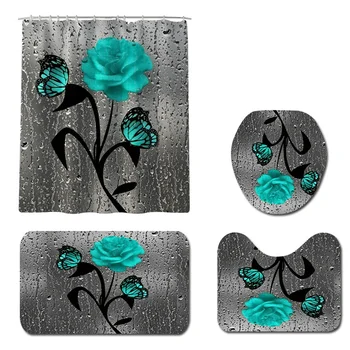 

Printed Waterproof Shower Curtain Carpet Toilet Mat Set for Family Bath Curtain Simple Bathroom Partition Curtain