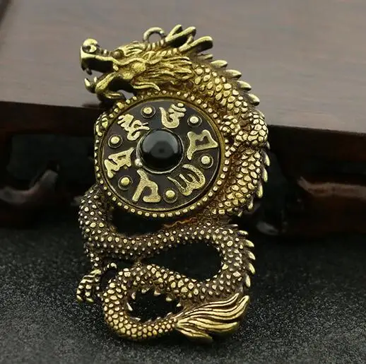Retro Brass Six-Character True Word Transfer Dragon Hanging Key Chain Parts Copper Metal Pendant Animal Statue | Дом и сад