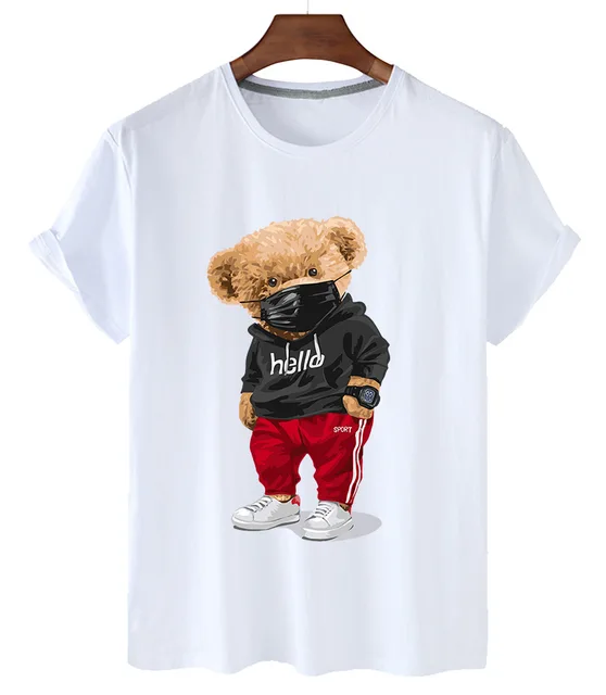100% Cotton Sports Mask Bear Print Short-sleeved T-shirt Female Half-sleeved Summer Casual Oversized T-shirt Ladies Shirt S-4XL white