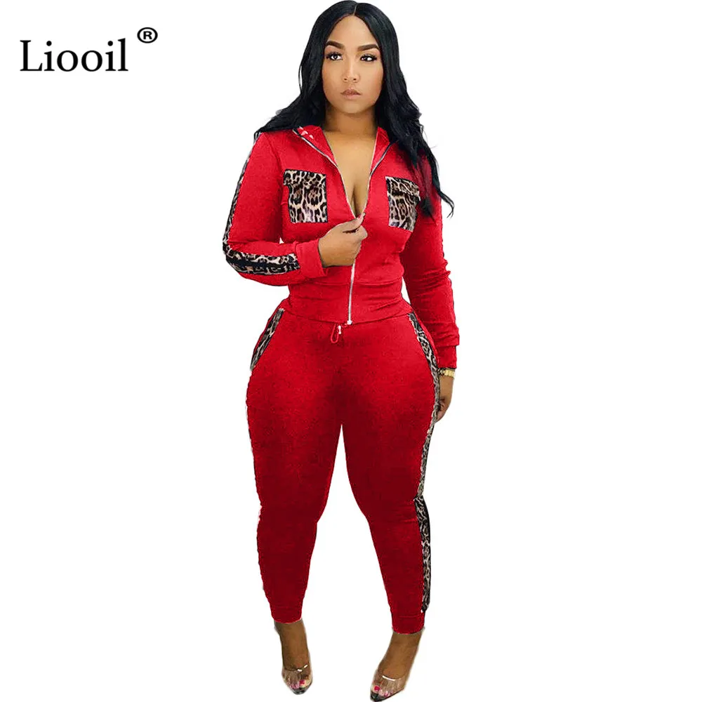 Liooil, Леопардовый принт, комплект из двух предметов, топ и штаны с карманами, с длинным рукавом, на молнии, облегающие, вечерние, сексуальные, Клубные наряды для женщин, наборы