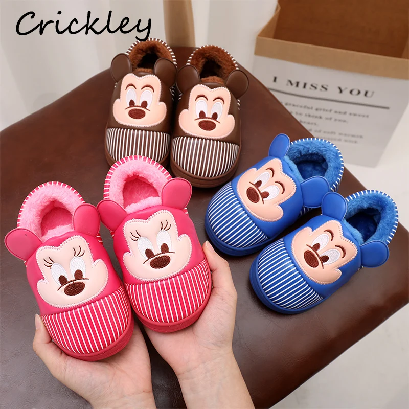 

Children Winter Slippers Cartoon Mickey Pattern Indoor Shoes for Boys Girls UP Leather Thickening Plush Warm Home Kids Slippers
