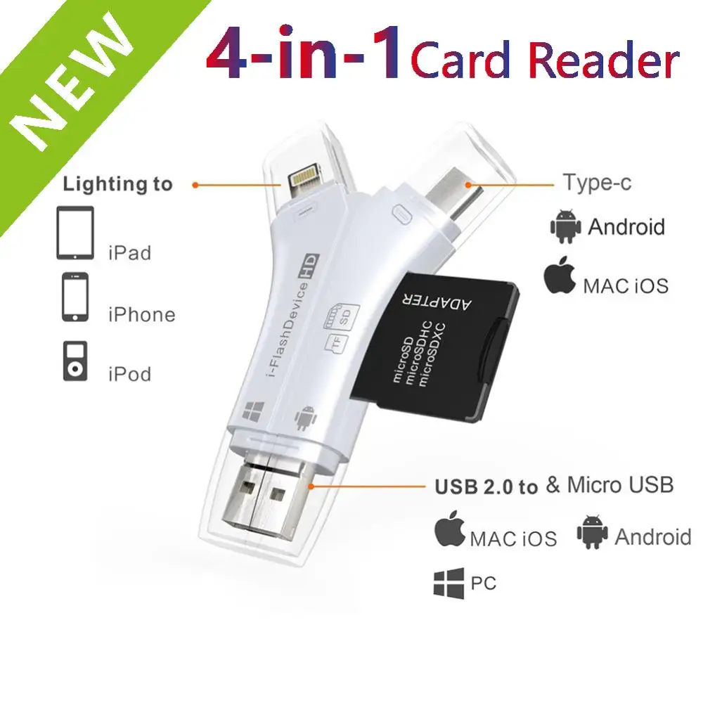 

4 in 1 i Flash Drive USB Micro SD&TF Card Reader Adapter for iPhone 5 6 7 8 for iPad Macbook Camera Android