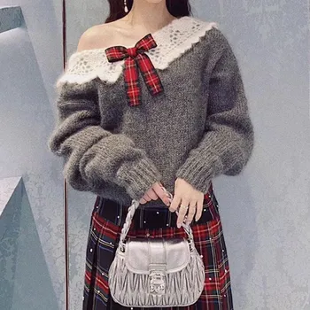 

Women Backless Sweater Peter pan Collar Female Sweet Tops Long Sleeve Bow Tie Autumn and Winter Ladies Top