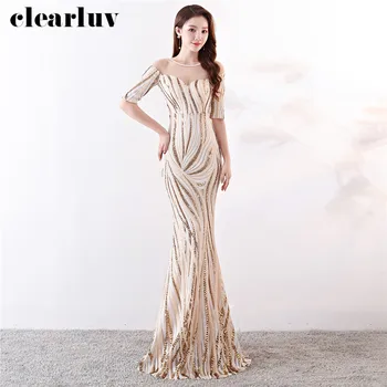 

Evening Dress Sequins Royal Formal Mermaid Party Dress DX331-2 2020 Plus Size Elegant Robe De Soiree Long See-Through Prom Gowns