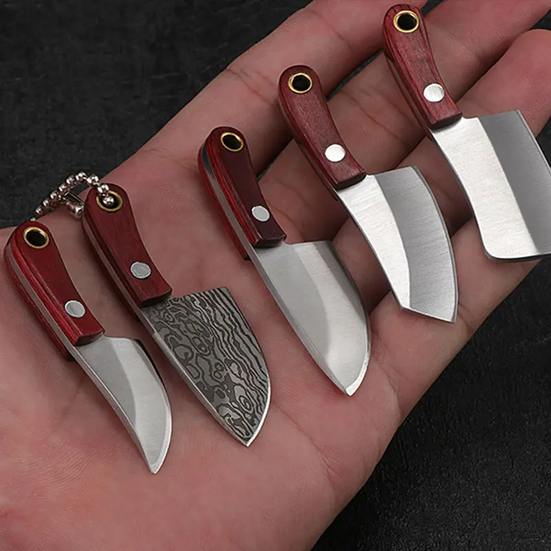 Funny Small Kitchen Knife Keychain with Leather Storage Pocket Portable Wood Handle Stainless Steel Cutter Keyring Crafts | Украшения и