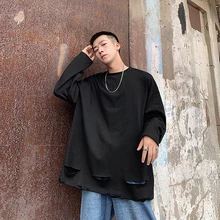 

Black White Hem Ripped Hole Long Sleeve Men T Shirts Fashion Branded 2xl Oversized Hip Hop Punk Clothes Japanese Streetwear Tee
