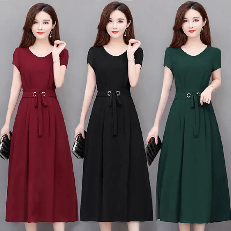 

WOMEN'S Dress Large Size Dress Fat Mm Solid Color Short Sleeve Mid-length over-the-Knee Long Skirts of Belt Slim Fit Slimming A-