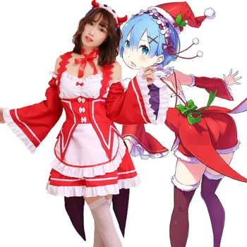 

Anime Re:Zero Kara Hajimeru Isekai Seikatsu Ram Rem Christmas Cosplay Costume For Girl Lolita Full Set Bowknot Red Dress