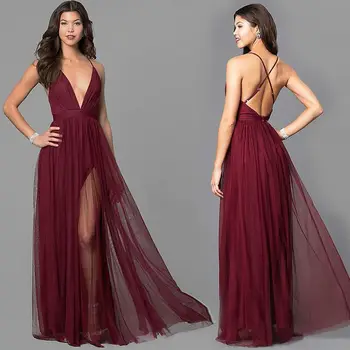 

Summer Sexy Women Solid V-neck Tulle Long Maxi Dress Sleeveless Backless Evening Party Beach Sundress Burgundy