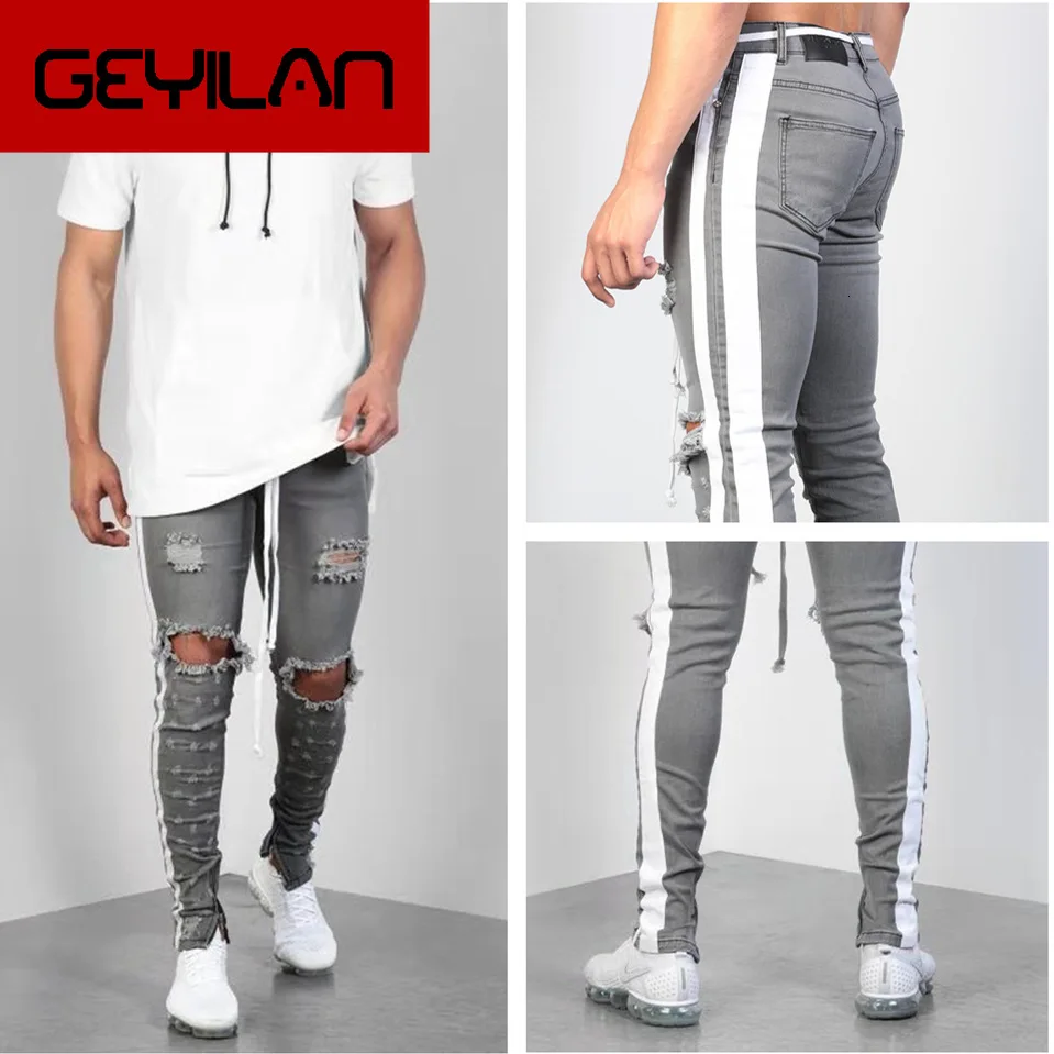 

Side Stripe Ripped Hole Jeans For Men Slim Pencil Denim Pants Hombre Shredded Spijkerbroek Heren Grey Justin Bieber Joggers Jean