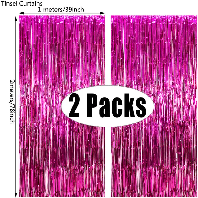 2Pack Party Backdrop Metallic Foil Fringe Tinsel Curtain Adult Kids Birthday Party Wedding Decoration Baby Shower Favor Supplies rose red