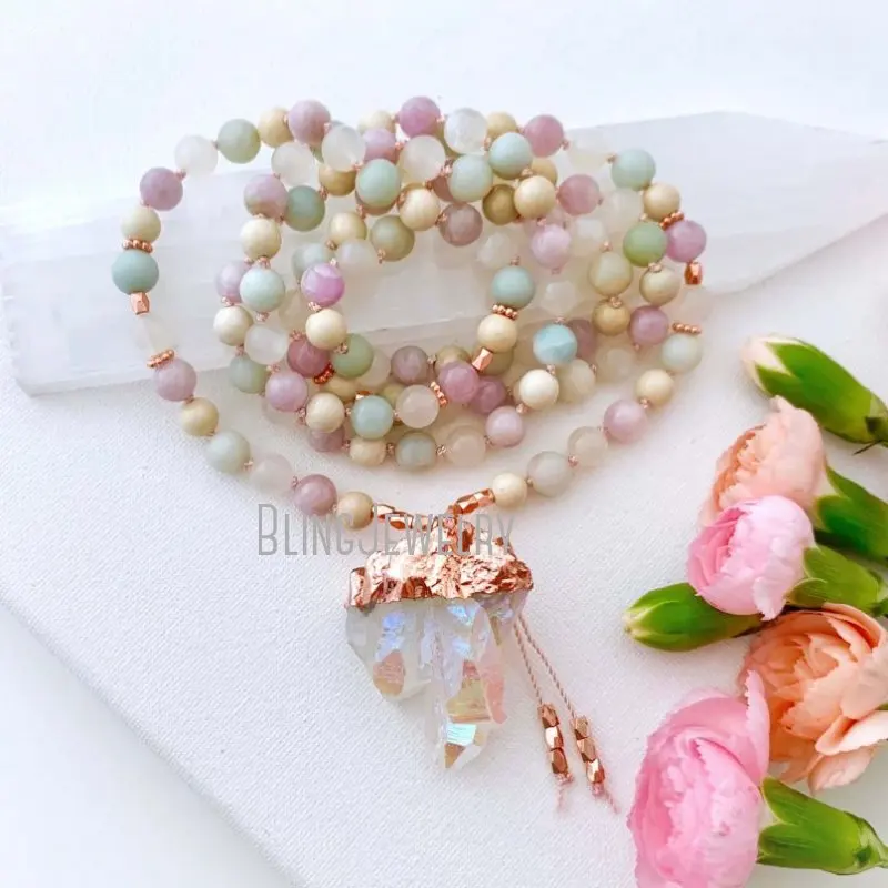 

MN34513 Mala Serenity ожерелье с лунным камнем, кунцит, Амазонит, речной камень и кристалл ангела ауры гуру, 108 молитвенные бусины