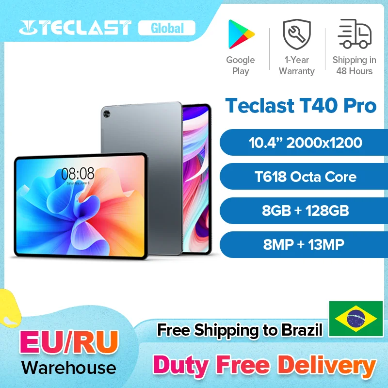 Teclast T40 Pro 10.4 Inch 2000x1200 Tablet 18W PD Fast Charging 8GB RAM 128GB ROM Android 11 T618 Octa Core 4G Network Dual SIM |