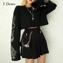 Y Demo готический Дракон вышивка женская футболка с длинным рукавом панк Толстовка Свободные короткие сексуальные футболки для девушек