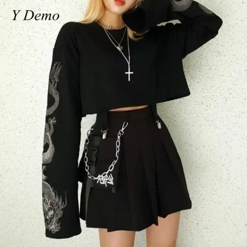 Y Demo Gothic Dragon Bordir Baju Kaos Wanita Lengan Panjang Punk