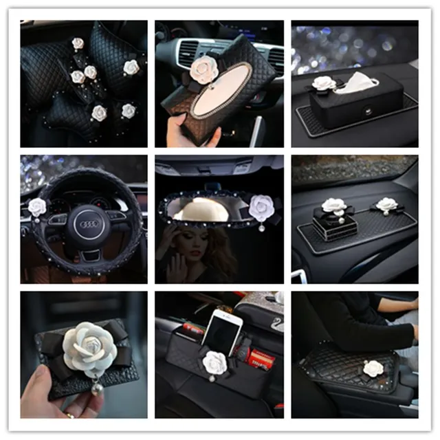 White Camellia flowers series  gear shift collar head pillow handbrake cover steering wheel cover for women car accessories