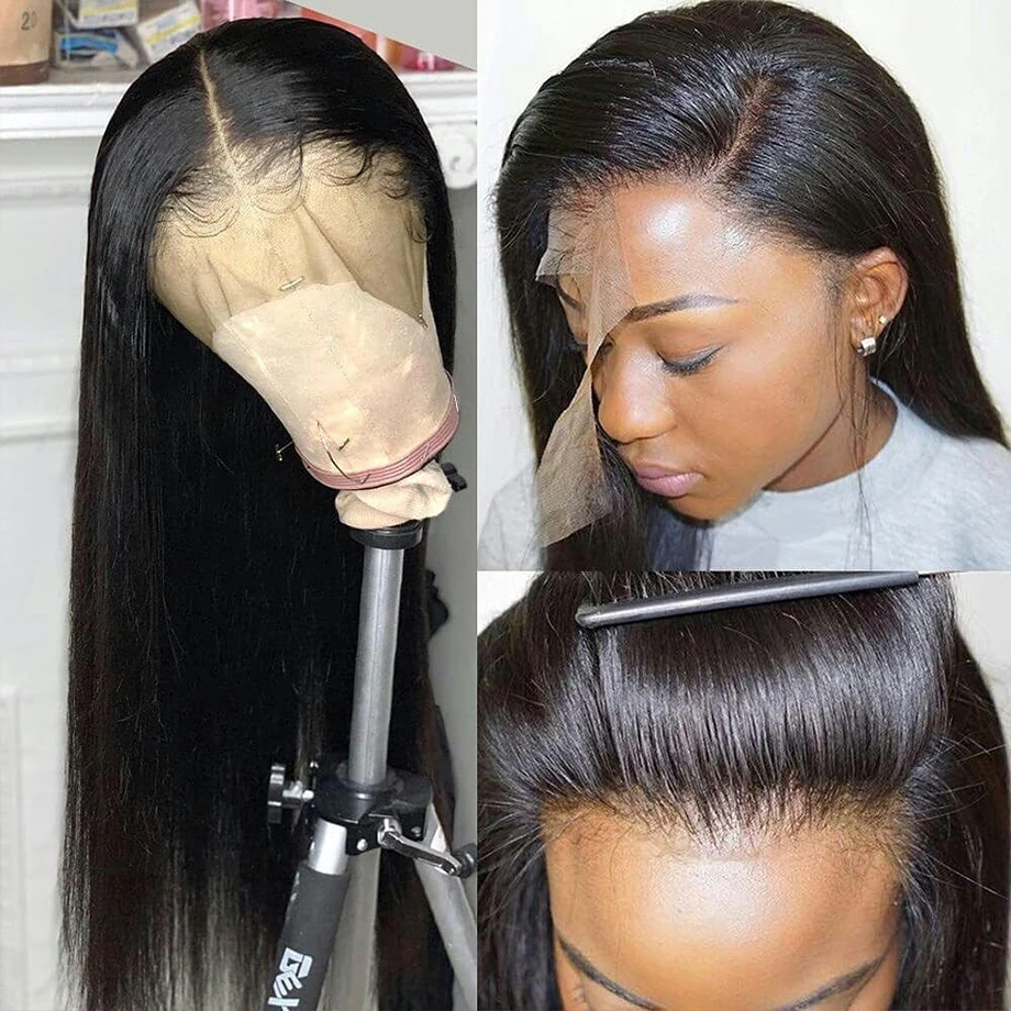 Dianteira do Laço Preto para as Mulheres Cheia do Laço Perucas de Cabelo Peruca Reto Osso Brasileiro Longo 28 30 Polegada 13x4 hd Frontal Transparente Humano 4x4 1 High Quality Apliques e perucas