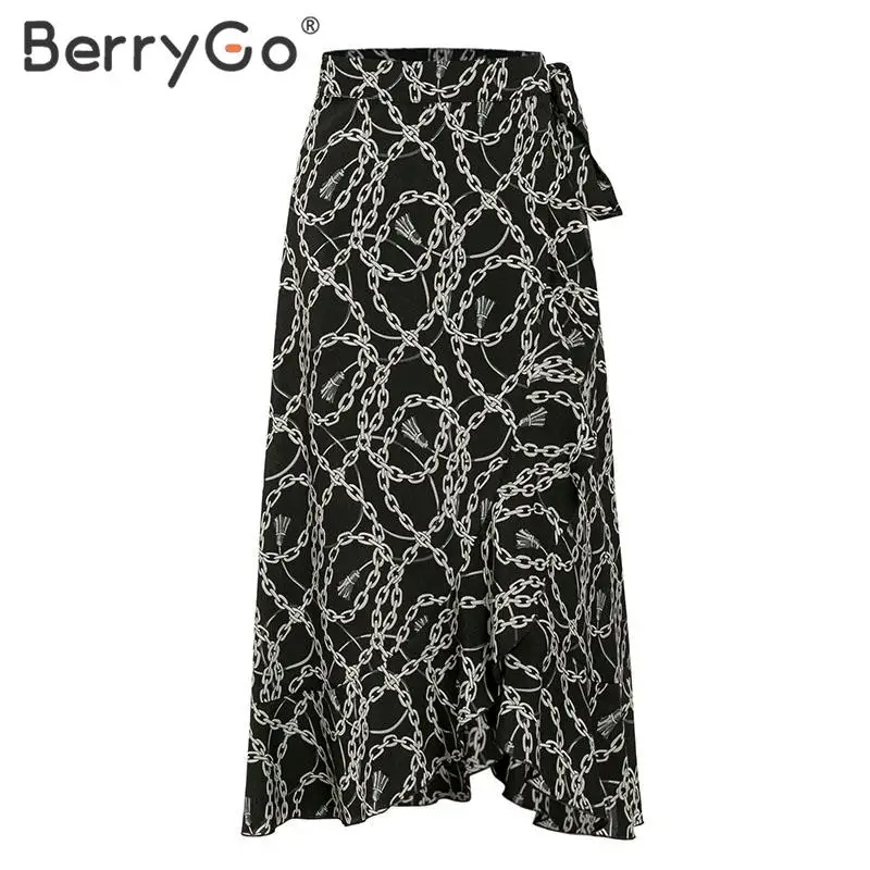 BerryGo, асимметричная юбка миди с цепочкой и принтом, женская элегантная длинная юбка со шнуровкой, женская OL, весна-лето, женские юбки