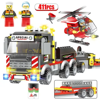 

411PCS City Police Heavy Trailer Truck Building Blocks Fire Station Helicopter Figures Bricks Educational Toys For Kids