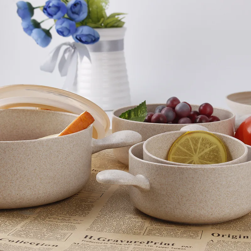 

Creative Wheat Tableware Korean Style Bowl Freshness Box Four-piece Set Handle with Freshness Bowl Soup Bowl with Lid Wholesale