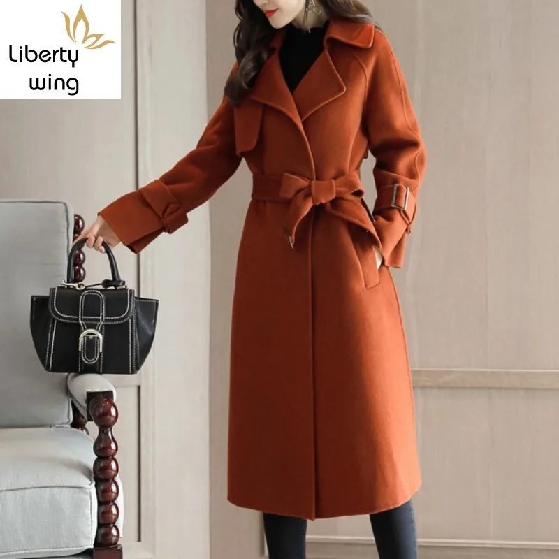 

New Fashion Women Autumn Belted Long Wool Blends Coat Loose Fit Ladies Maxi Overcoat Trench Woolen Office Windbreaker Coats