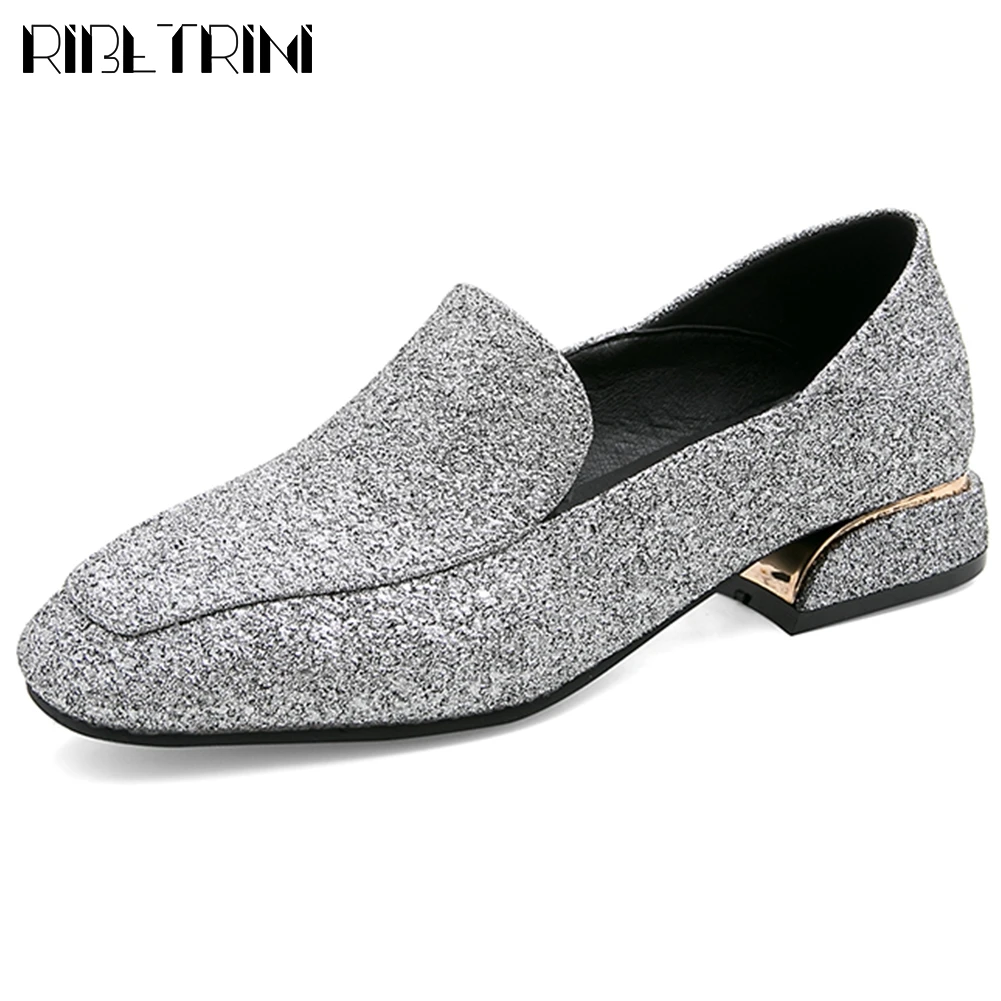 

RIBETRINI New Ladies Cool Square Toe Shoes Woman Spring Office Fashion Glitters Mules Women Casual Low Heels Pumps