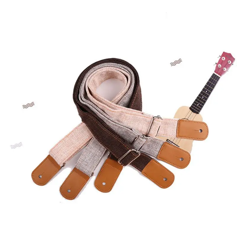 72-123cm Cotton and Linen Adjustable Ukulele Strap Small Guitar Belt Anti Pull Retro Portable Durable Soft Shoulder with PU Leat
