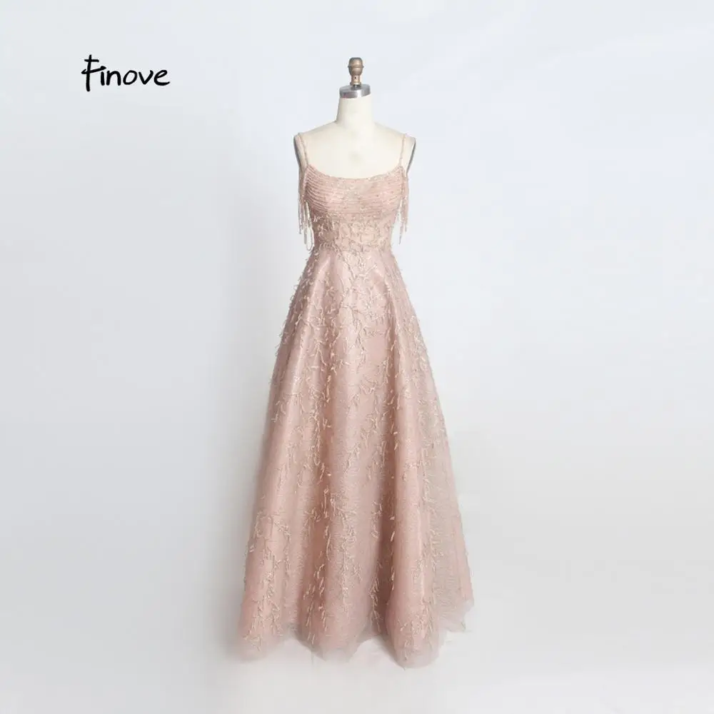 

Finove 2019 New Evening Dresses Long Sexy Spaghetti Strap Beaded With Feathers Floor Length Formal Party Dress Gowns For Girls