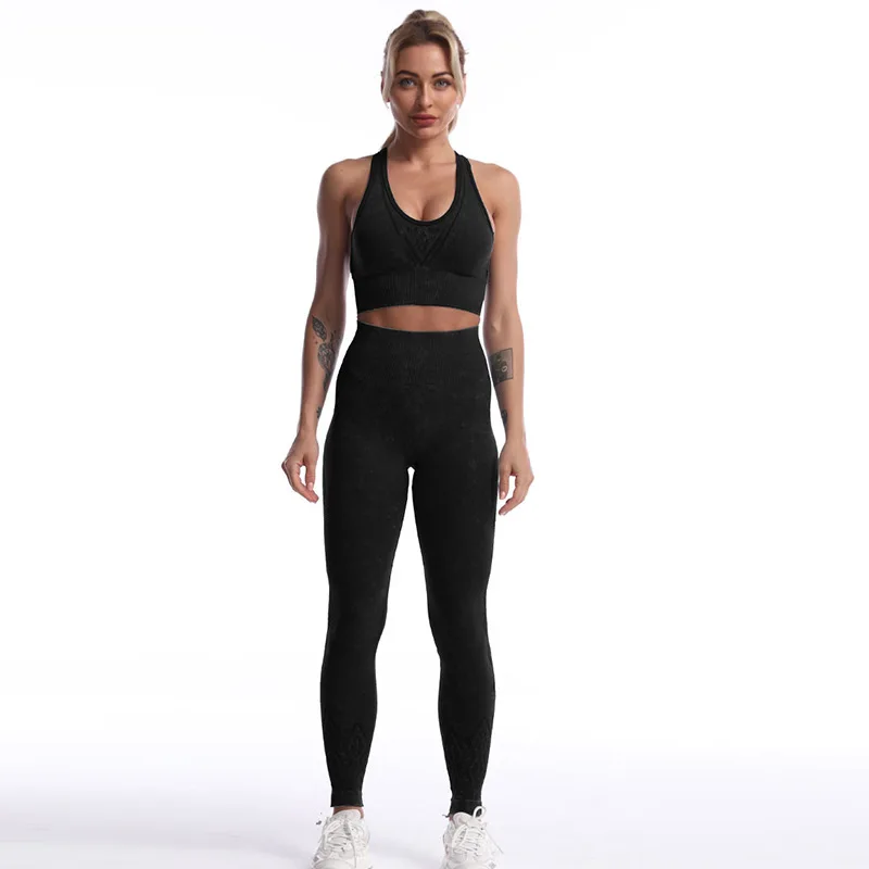 

Newest Seamless Sport Leggings And Top Set Yoga Hot Printed Outfits For Women Sportswear Hollow Workout Clothes Gym Sets 2 Pcs