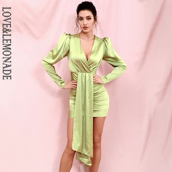 

LOVE & LEMONADE Sexy Light Green V-neck Streamer Stitching Bubble Long Sleeve Mini Dress LM81992-2