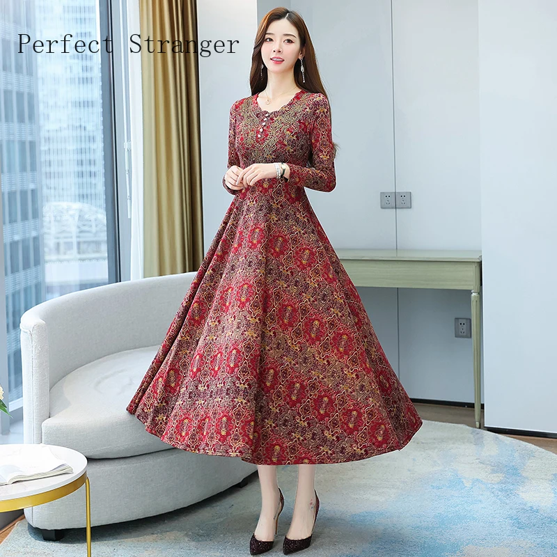 

Autumn Winter 2021 New Arrival Long Sleeve Vestidos Round Collar Lace Floral Printed Women Long Dress Female Clothes