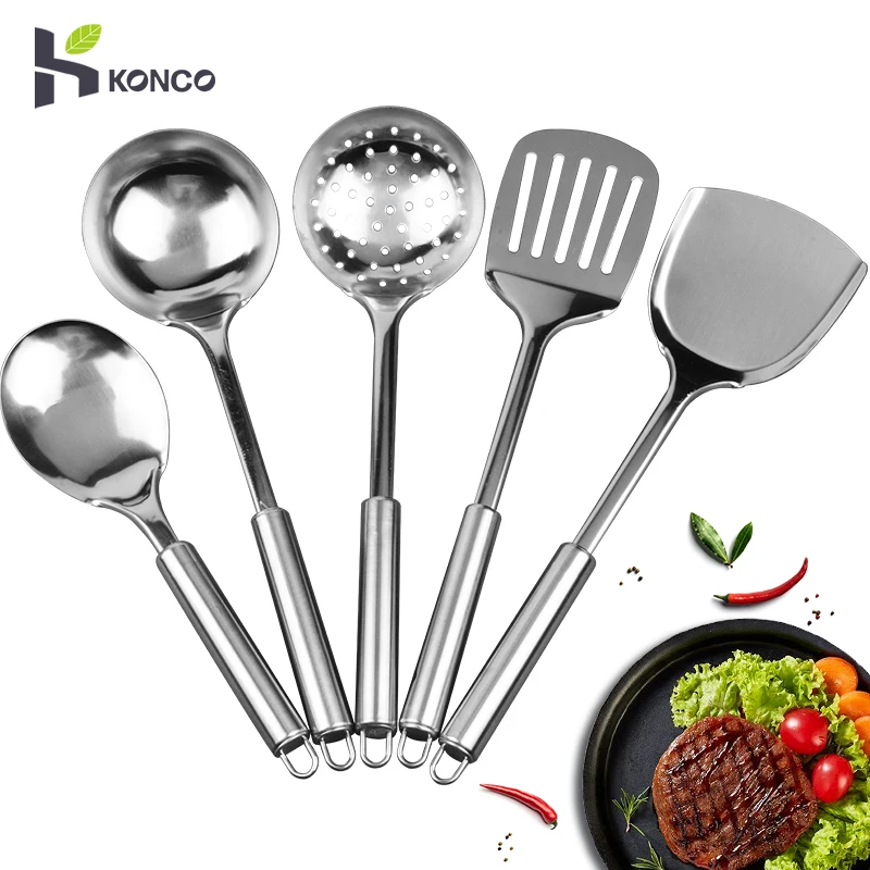 Konco Stainless Steel Cutlery Set Silicone Cookware Set Non Stick Cookware Set Wooden Kitchenware Set Kitchenware Cooking Utensils Set Stainless Steel Cookware Colander Spoon Spatula Shovel Turner Cooking Tools