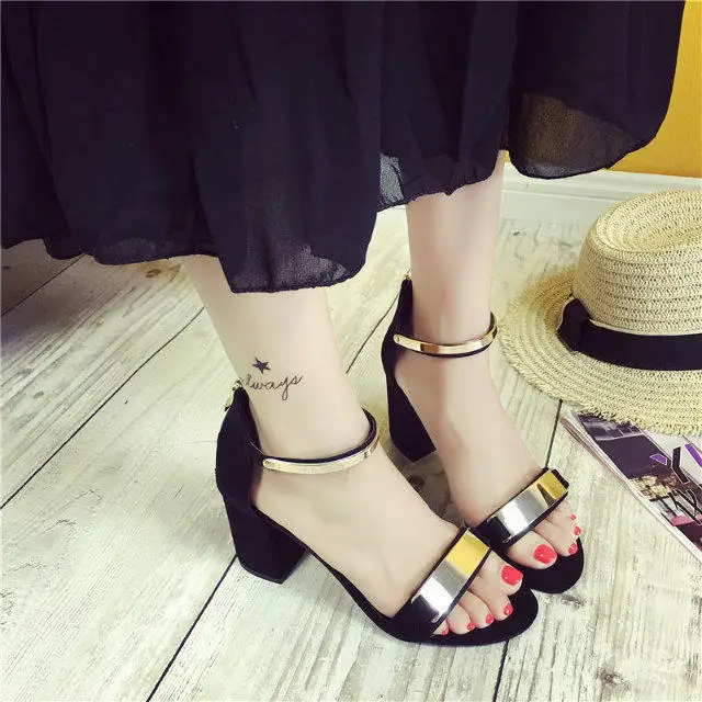 

2016 Summer New Chunky Women with Semi-high Heeled Suede A- line after Zipper Rome Sandals WOMEN'S Shoes