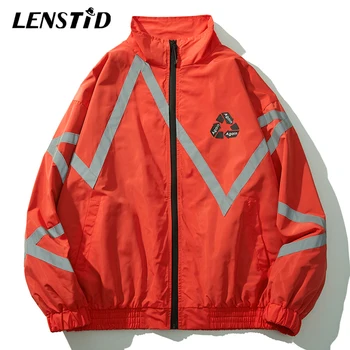 

LENSTID 2019 Autumn Men Hip Hop 3M Reflective Striped Patch Jacket Windbreaker Harajuku Streetwear Oversized Vintage Casual Coat
