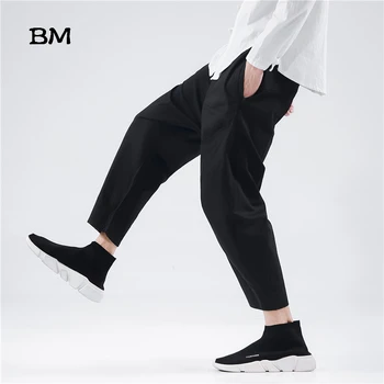 

Chinese Style Linen Fashion Cropped Pants Men Solid Color Harajuku Casual Pants 2020 Joggers Japanese Black Sweatpants Male